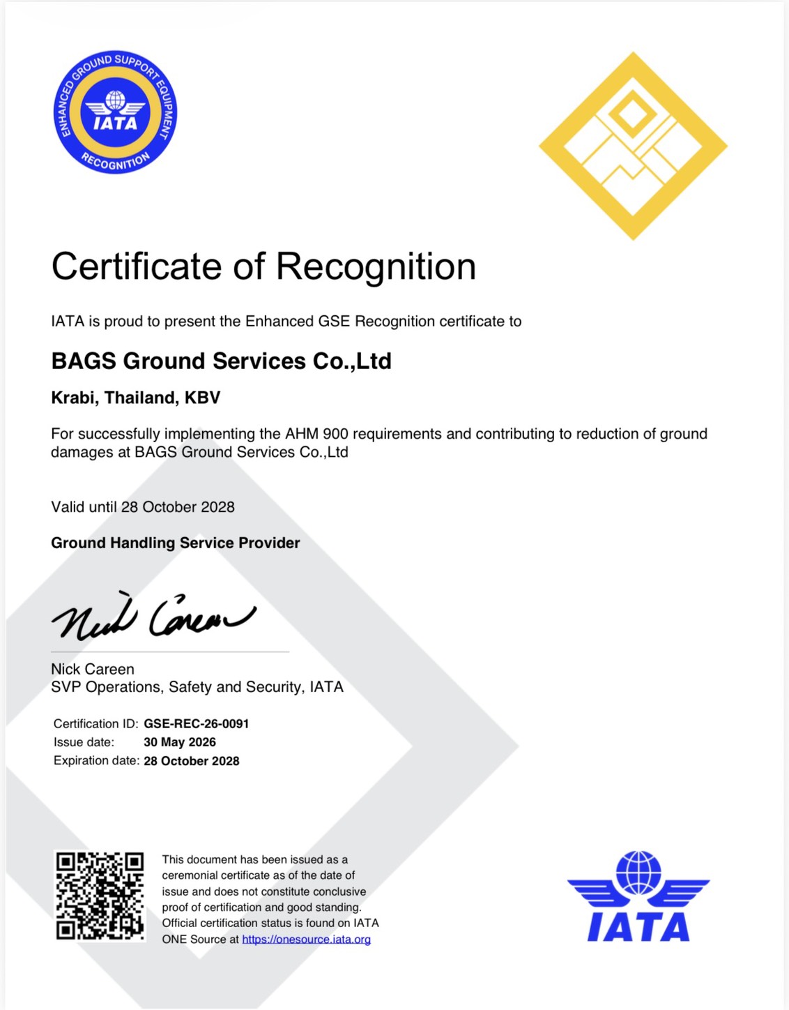 IATA Enhanced GSE Recognition Certificate