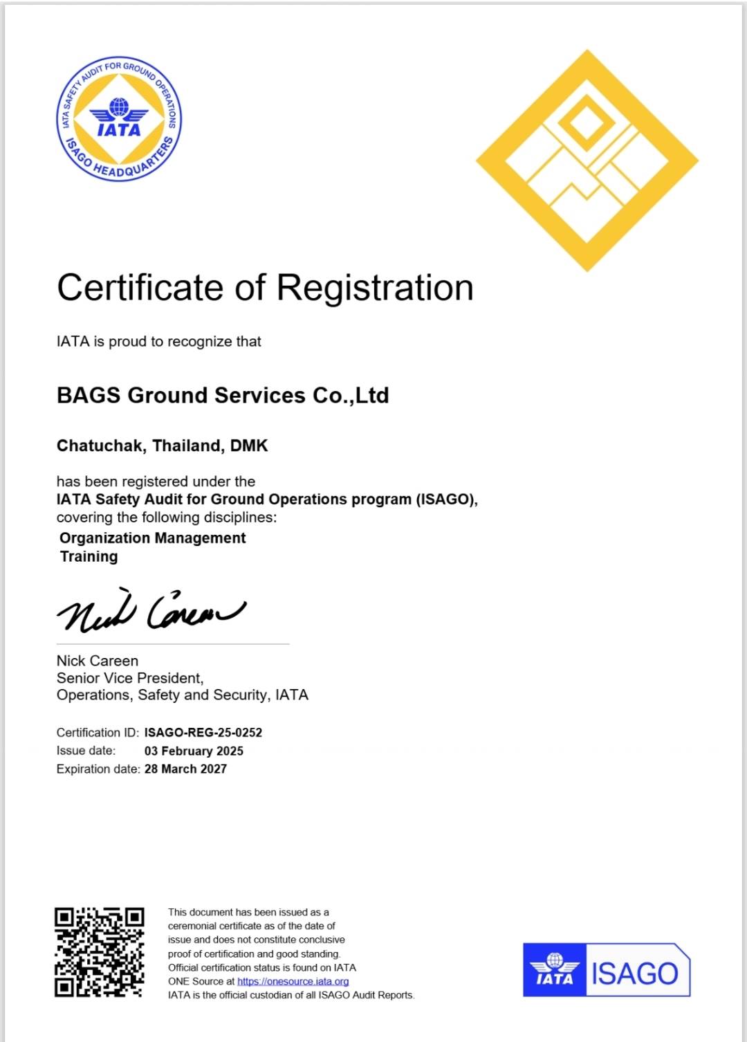 ISAGO Certificate - BAGS Ground Services Chatuchak Thailand DMK