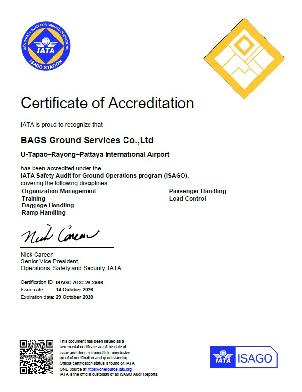 IATA ISAGO Accreditation Certificate - BAGS Ground Services U-Tapao Station