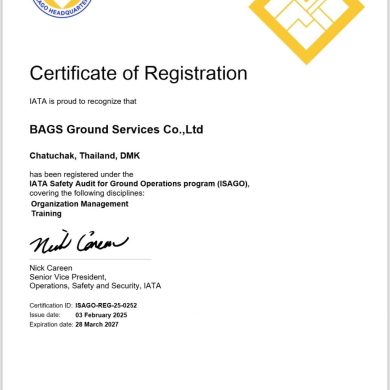 BAGS Ground Services – Chatuchak Thailand (DMK) Registered under the IATA Safety Audit for Ground Operations (ISAGO) Program