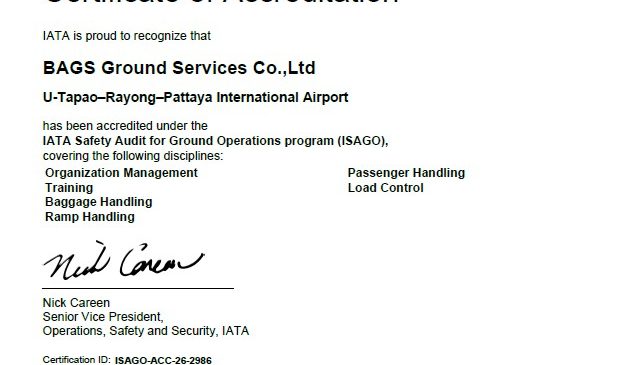 BAGS Ground Services – U-Tapao Achieves IATA ISAGO Station Accreditation